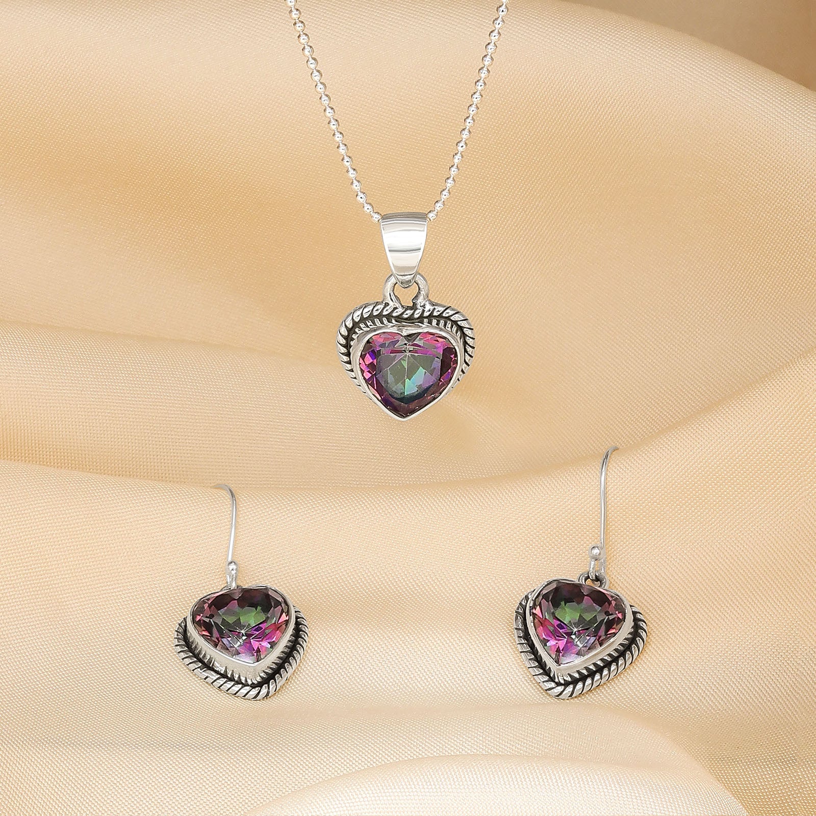 925 Sterling Silver Mystic Topaz Heart Pendant & Earrings Set - Tweov Jewels