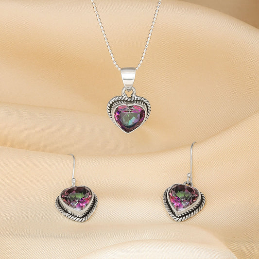925 Sterling Silver Mystic Topaz Heart Pendant & Earrings Set - Tweov Jewels