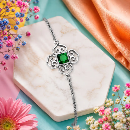 Emerald Square Filigree Bracelet For Women – 925 Sterling Silver Rhodium Plated