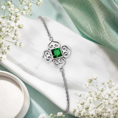Emerald Square Filigree Bracelet For Women – 925 Sterling Silver Rhodium Plated