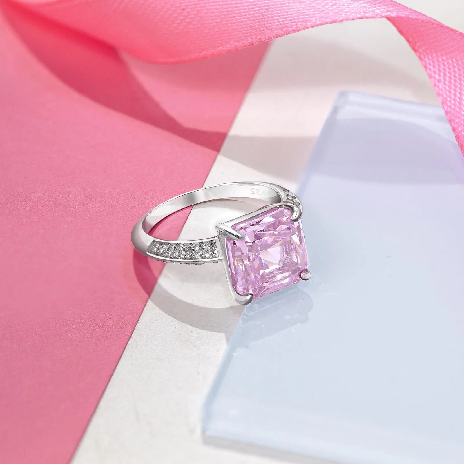 Pink Radiant Pave Ring For Women – 925 Sterling Silver Rhodium Plated