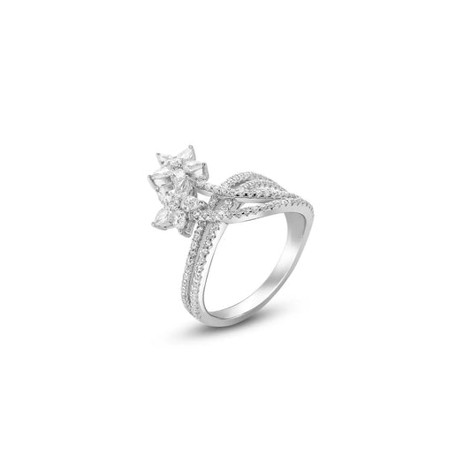 White Dual Floral CZ Ring For Women – 925 Sterling Silver Rhodium Plated