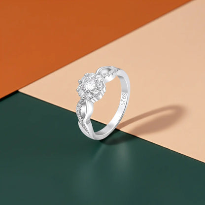 Floral Shaped Halo CZ Silver Ring