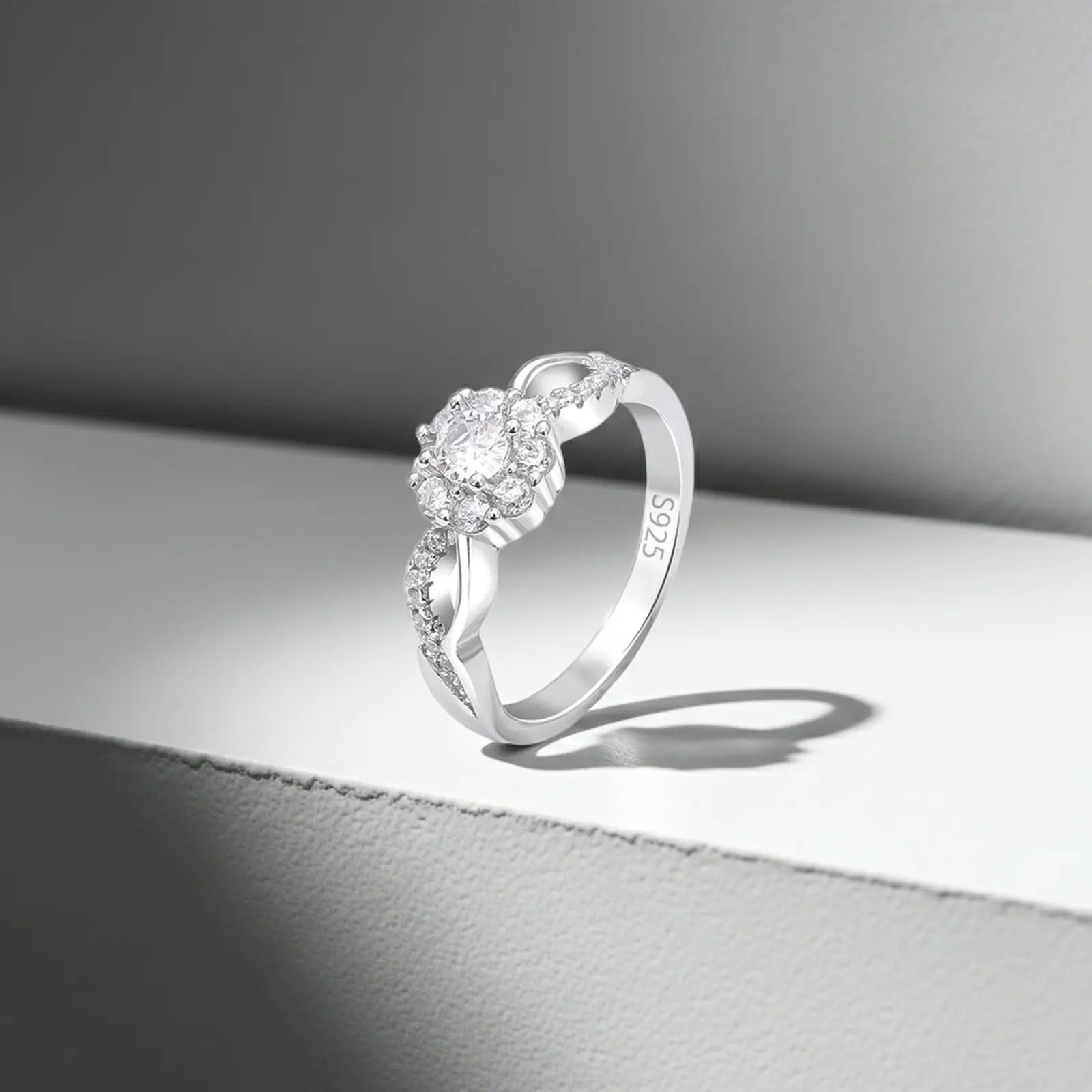 Floral Shaped Halo CZ Silver Ring