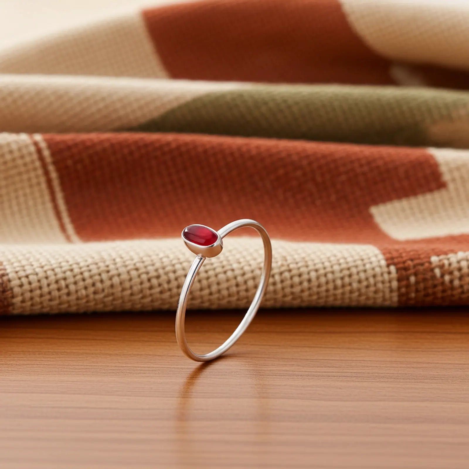 Silver Simple Oval Red Stone Ring