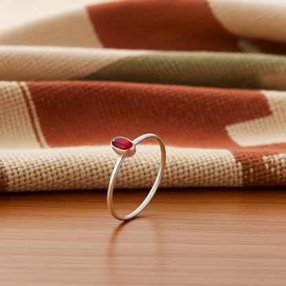 Silver Simple Oval Red Stone Ring