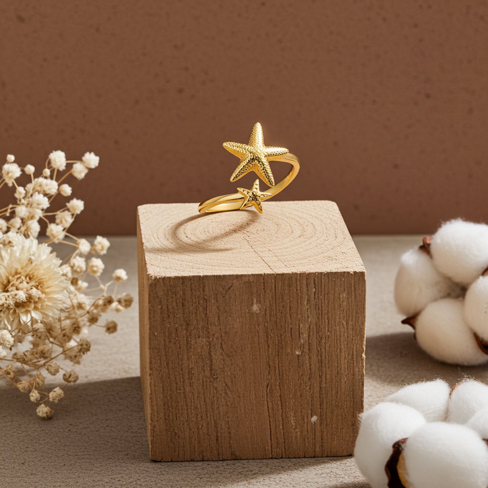 Gold Plated Textured Double Star Silver Ring