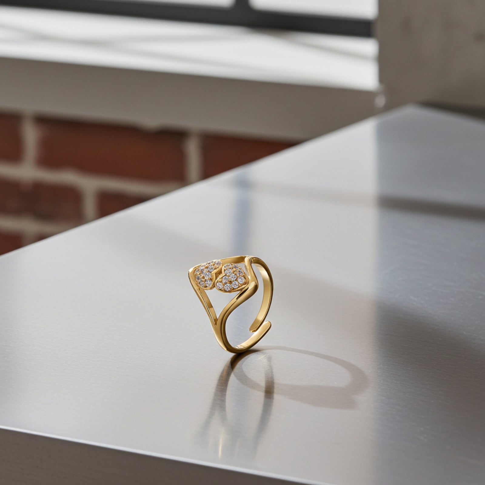 Classic Gold Plated Double Heart Silver Ring