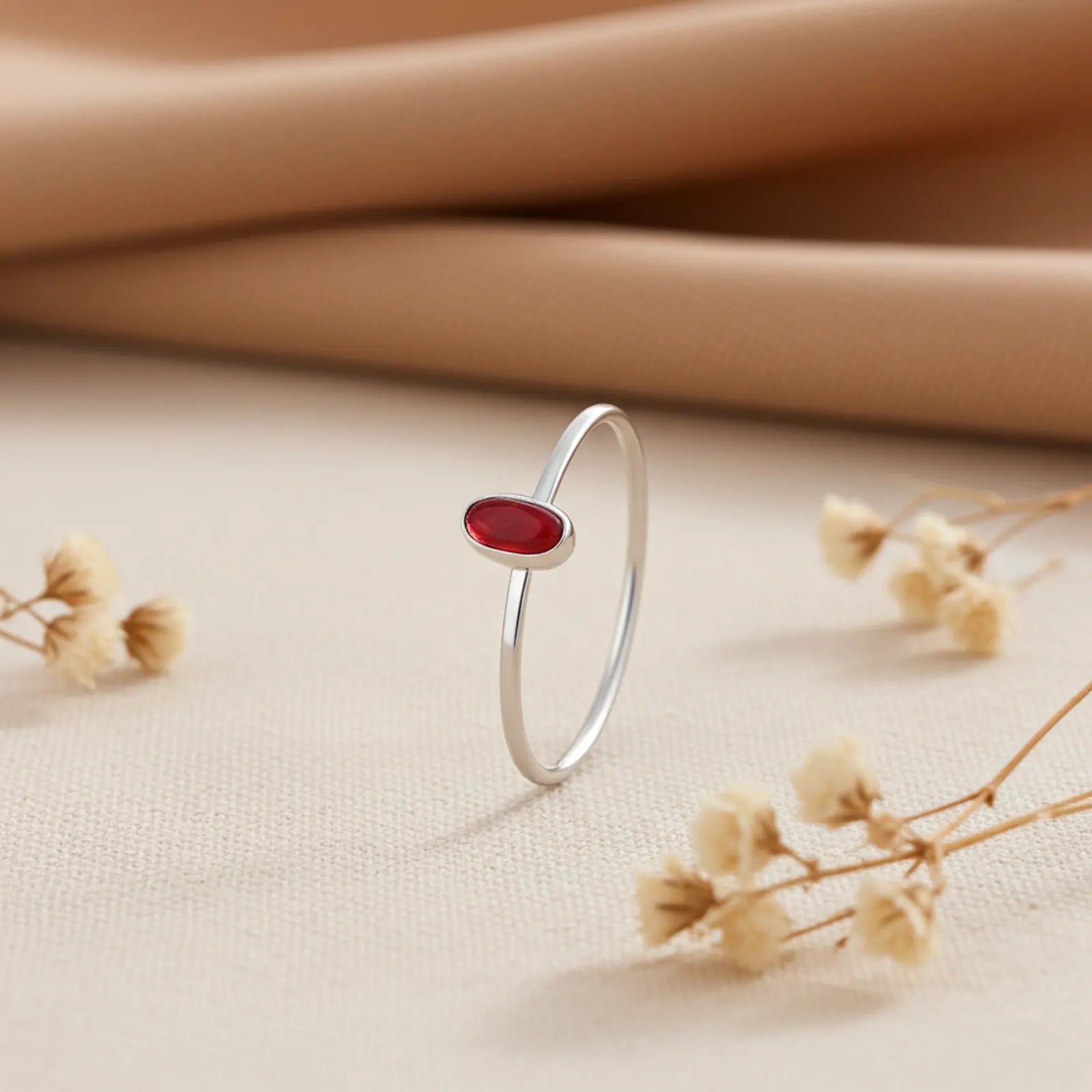 Silver Simple Oval Red Stone Ring