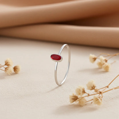 Silver Simple Oval Red Stone Ring
