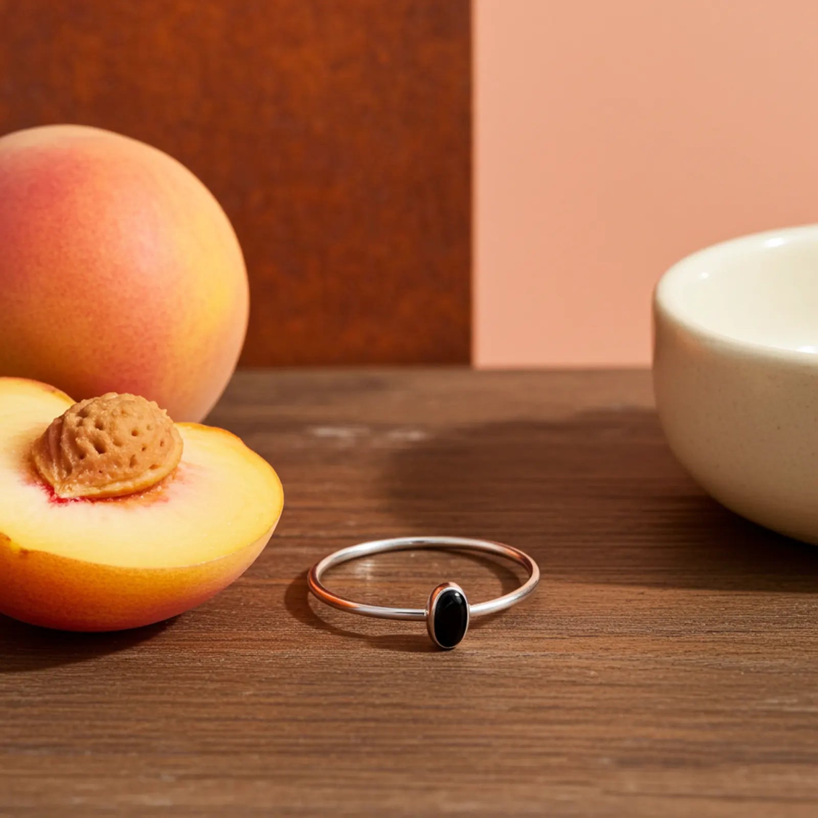 Silver Simple Oval Black Stone Ring