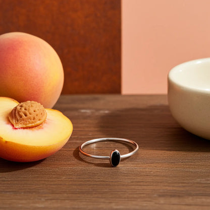 Silver Simple Oval Black Stone Ring