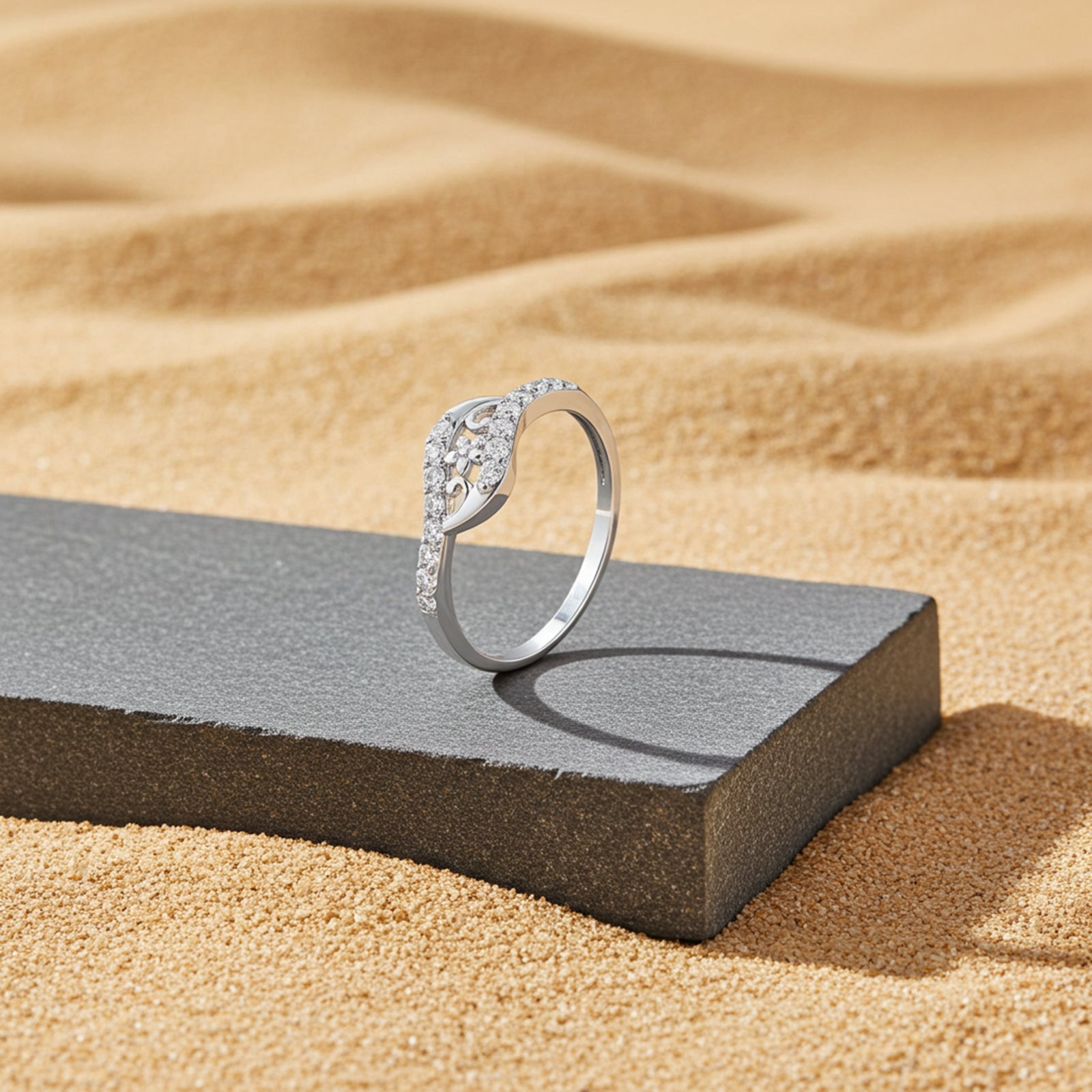 Wavy Zircon Floral Silver Ring