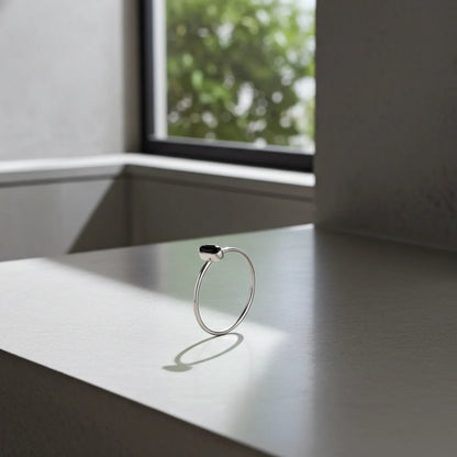 Silver Simple Oval Black Stone Ring