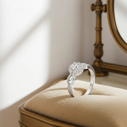 Floral Shaped Halo CZ Silver Ring