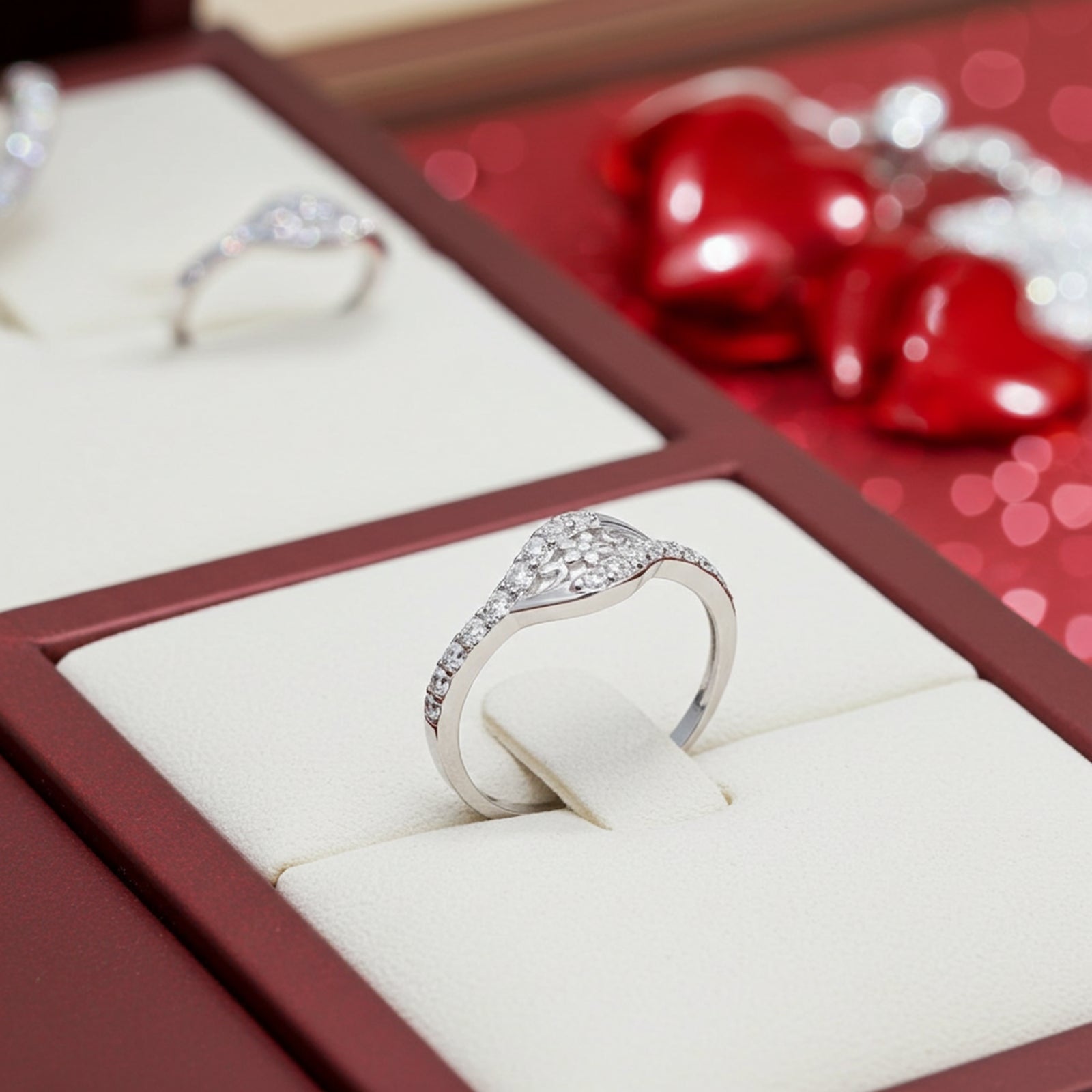 Wavy Zircon Floral Silver Ring