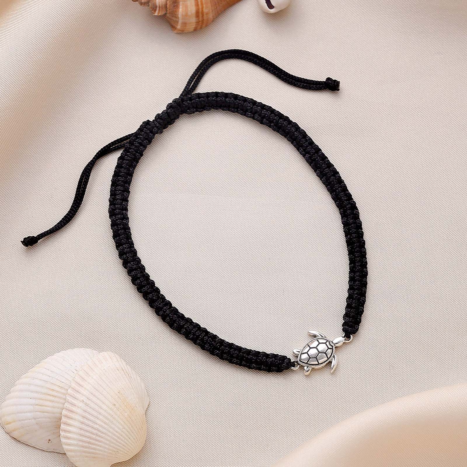 925 Sterling Silver Tortoise Black Thread Anklet - Tweov Jewels