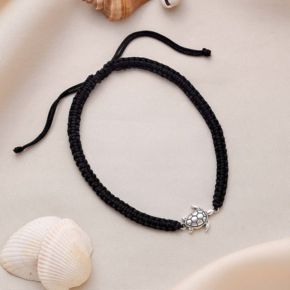 925 Sterling Silver Tortoise Black Thread Anklet - Tweov Jewels