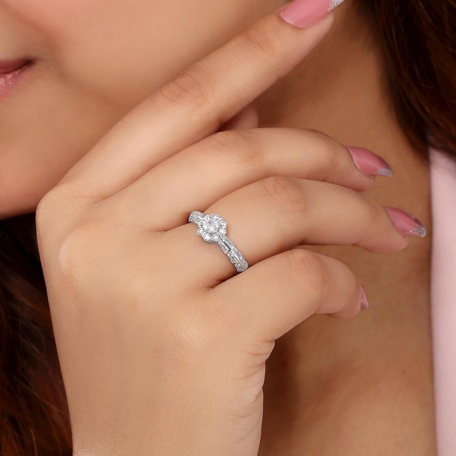 Floral CZ Ring for Women – 925 Sterling Silver Rhodium-Plated - Tweov Jewels