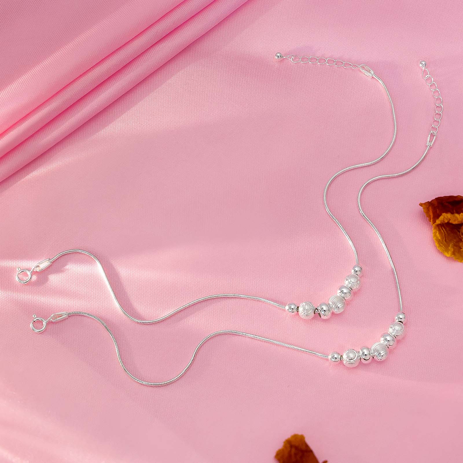 Pure 925 Silver Anklet - String of Shimmer Beads - Tweov Jewels
