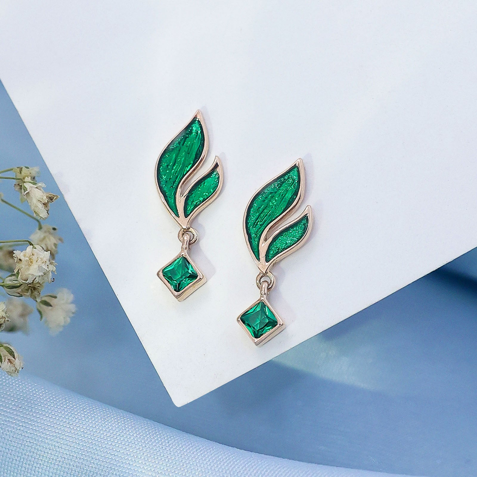 Pure 925 Silver Earrings -  Radiant Emerald Leaf Danglers - Tweov Jewels