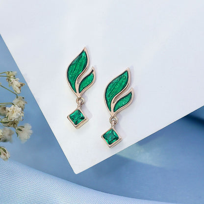 Pure 925 Silver Earrings -  Radiant Emerald Leaf Danglers - Tweov Jewels