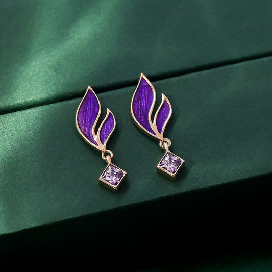 Pure 925 rose gold Earrings -  Radiant violet Leaf Danglers - Tweov Jewels