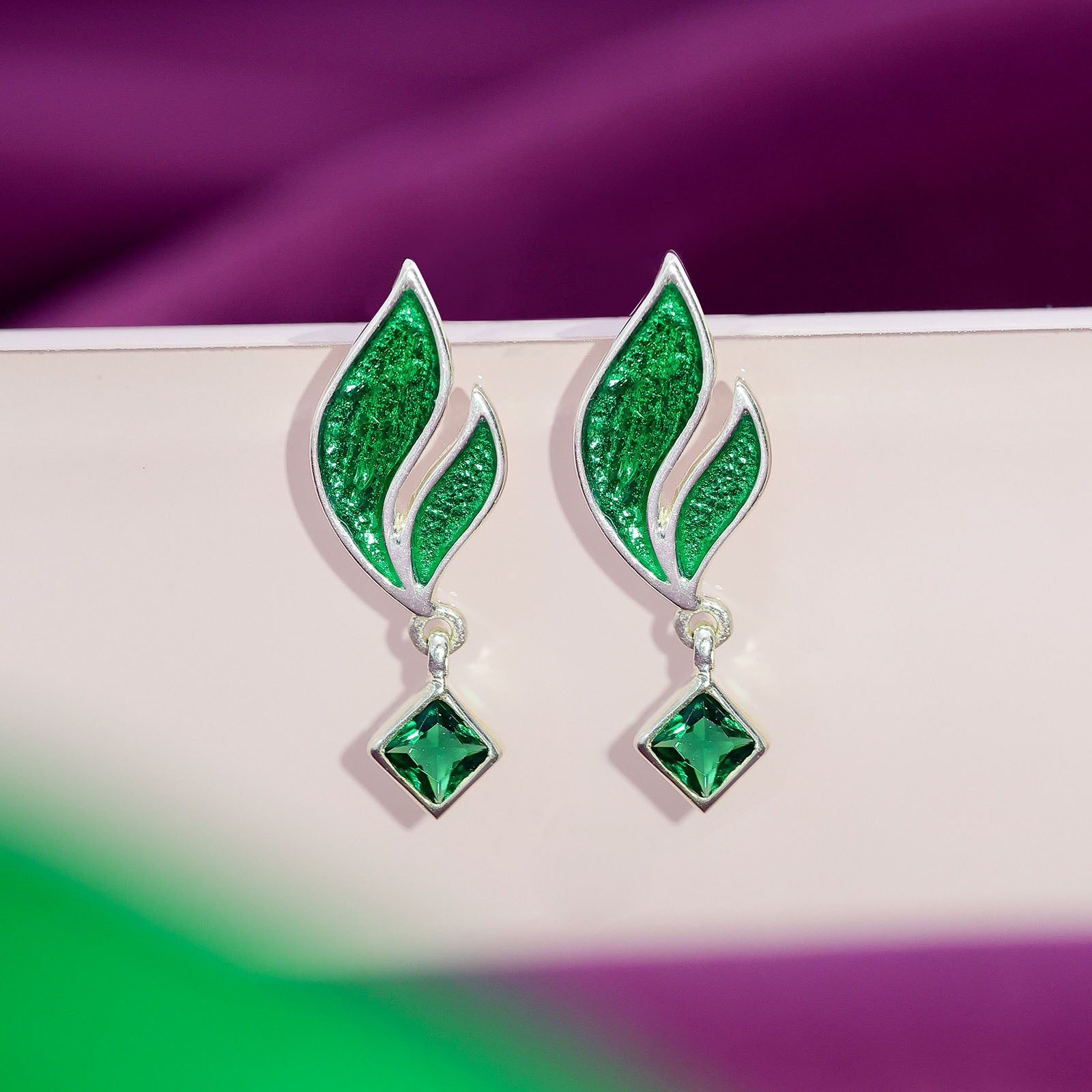 Pure 925 Silver Earrings -  Radiant emerald Leaf Danglers - Tweov Jewels