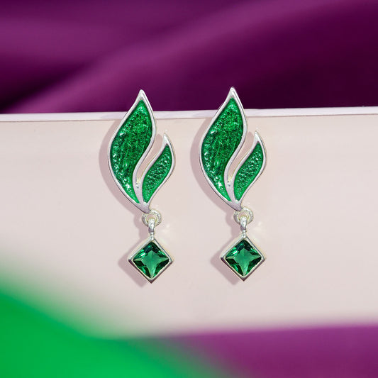 Pure 925 Silver Earrings -  Radiant emerald Leaf Danglers - Tweov Jewels
