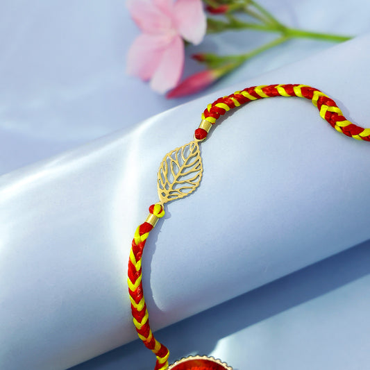 Gold Plated Leaf Design Silver Rakhi - Tweov Jewels