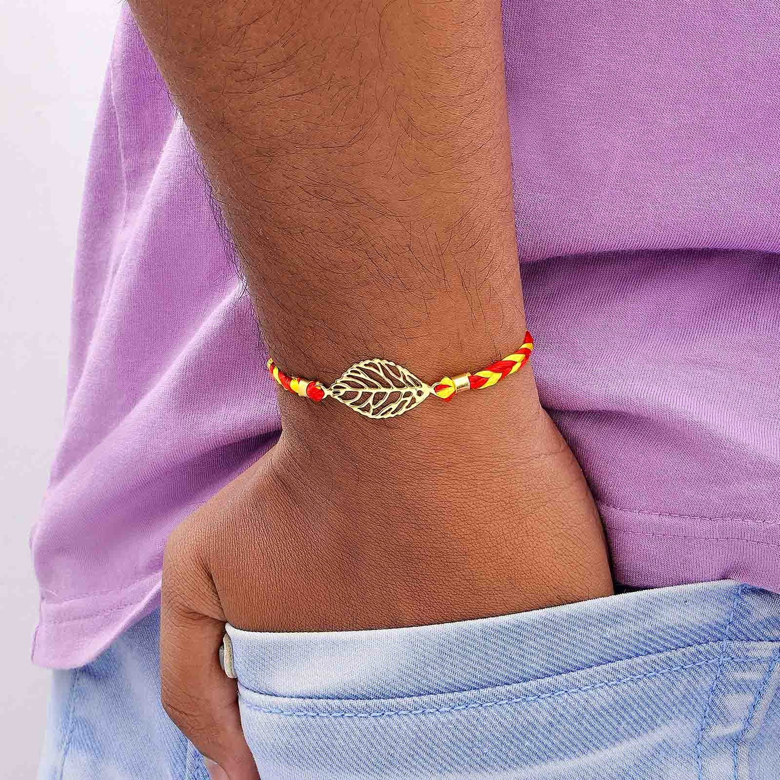 Gold Plated Leaf Design Silver Rakhi - Tweov Jewels