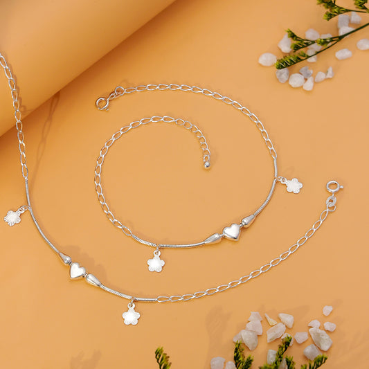 Pure Sterling Silver Shiny Floral Heart Anklet - Tweov Jewels