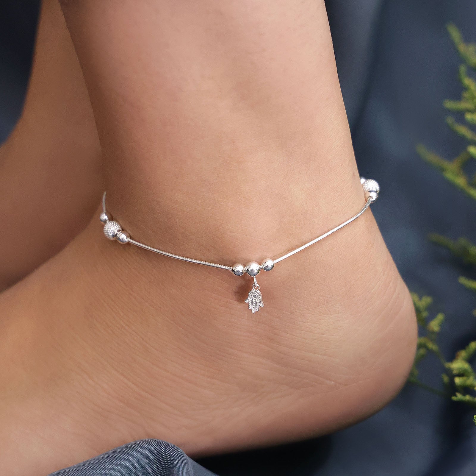 Pure Sterling Silver Evil Eye Hamsa Hand Silver Anklet - Tweov Jewels