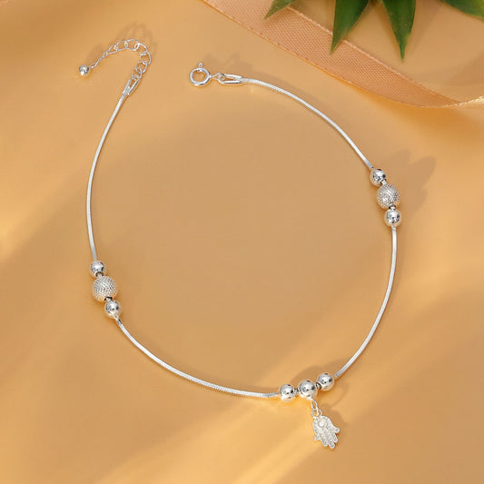 Pure Sterling Silver Evil Eye Hamsa Hand Silver Anklet - Tweov Jewels