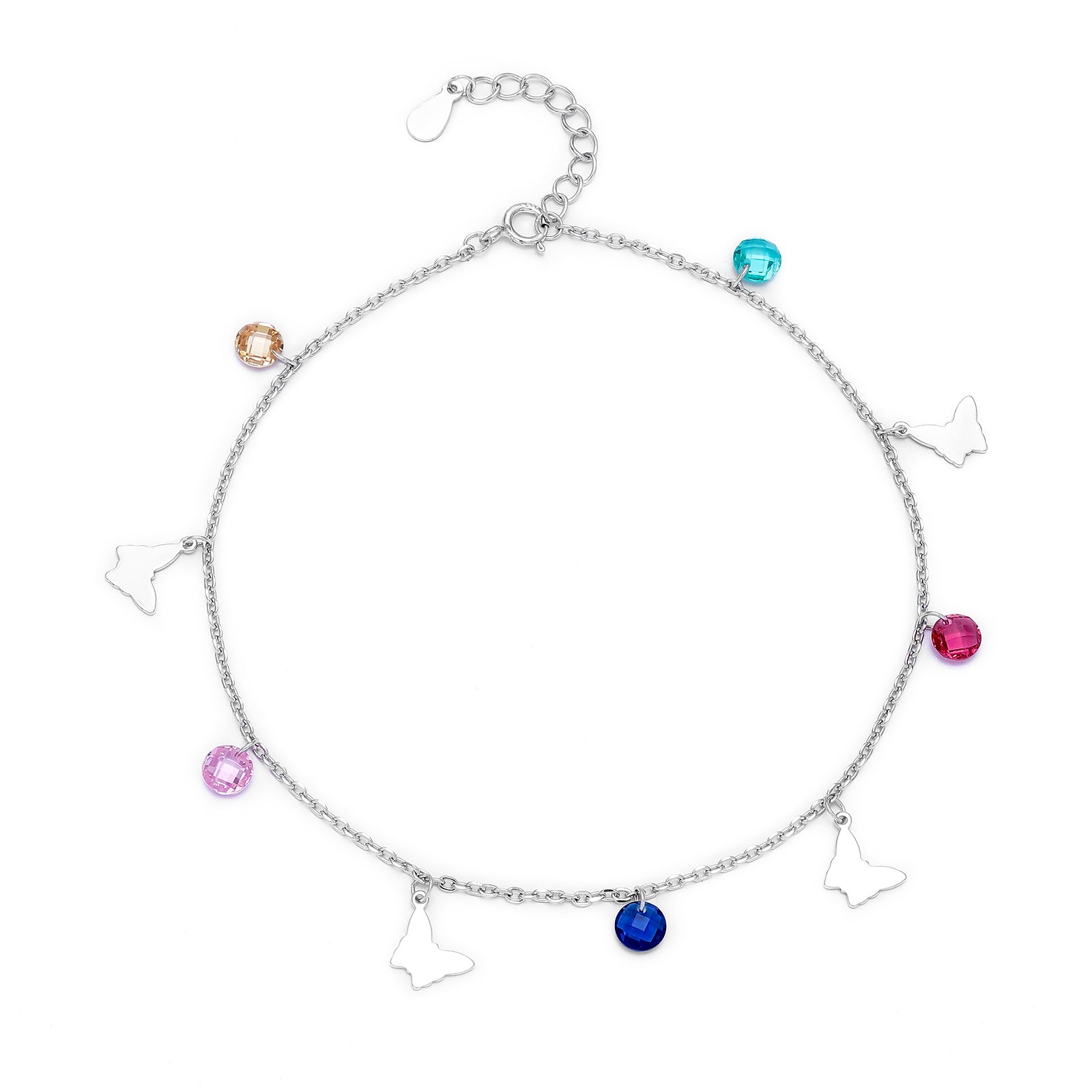 Butterfly Multicolor Silver Gems Anklet - Tweov Jewels