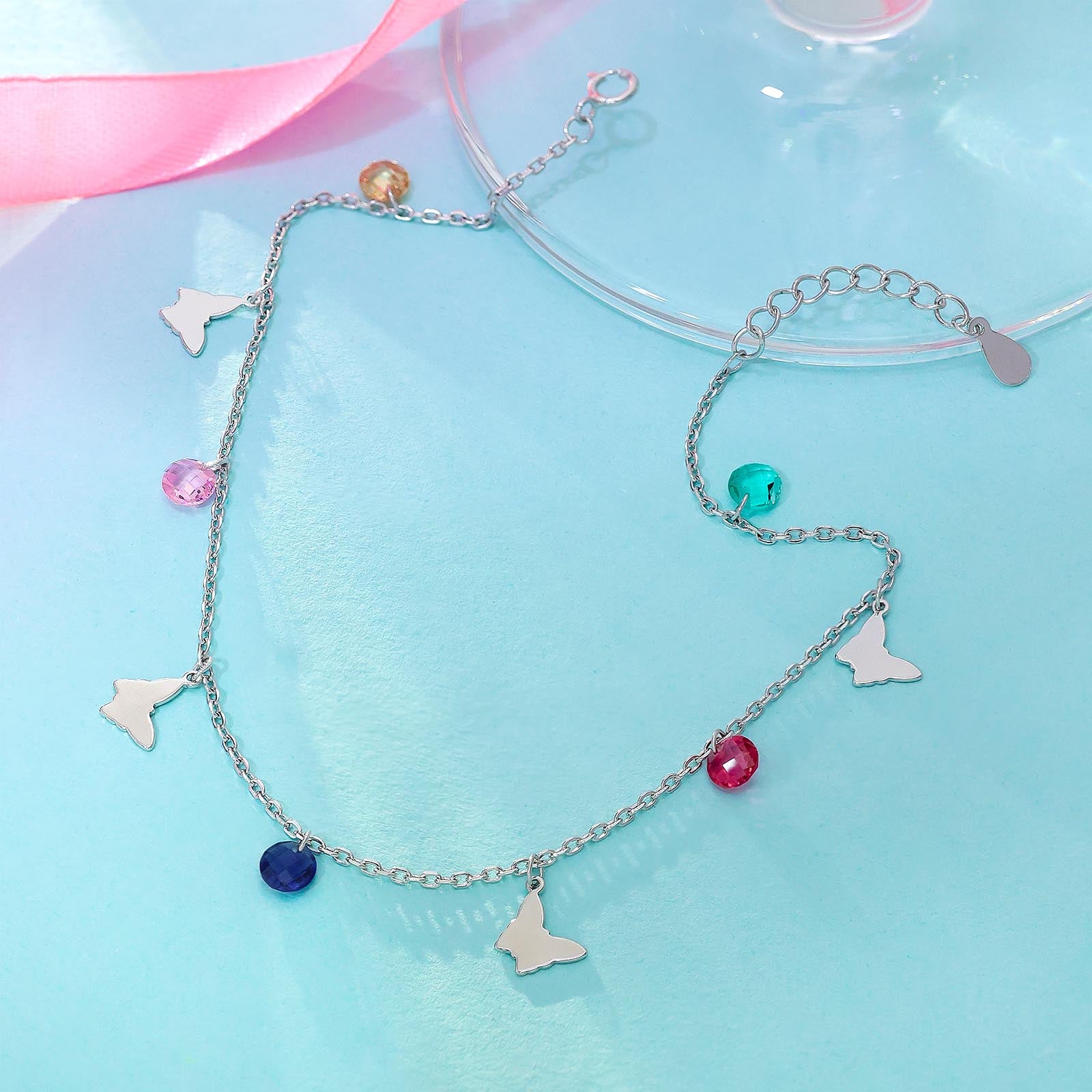 Butterfly Multicolor Silver Gems Anklet - Tweov Jewels