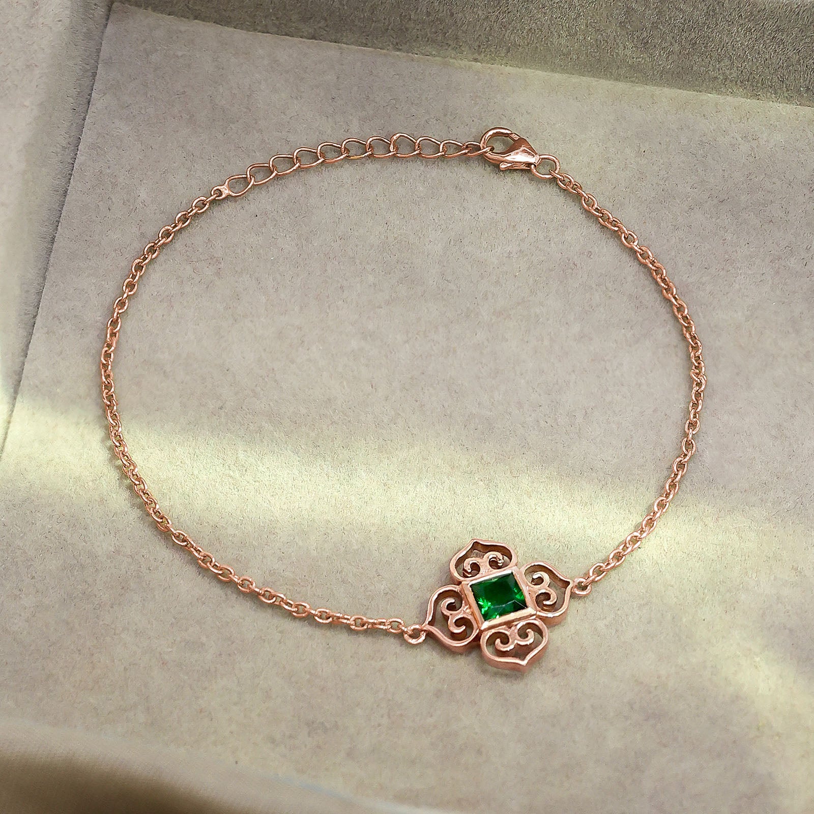Rose Gold Plated Green Floral Silver Chain Bracelet - Tweov Jewels