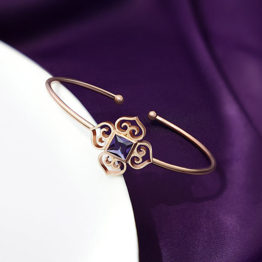 Purple Stone Floral Silver Cuff  Bracelet - Tweov Jewels