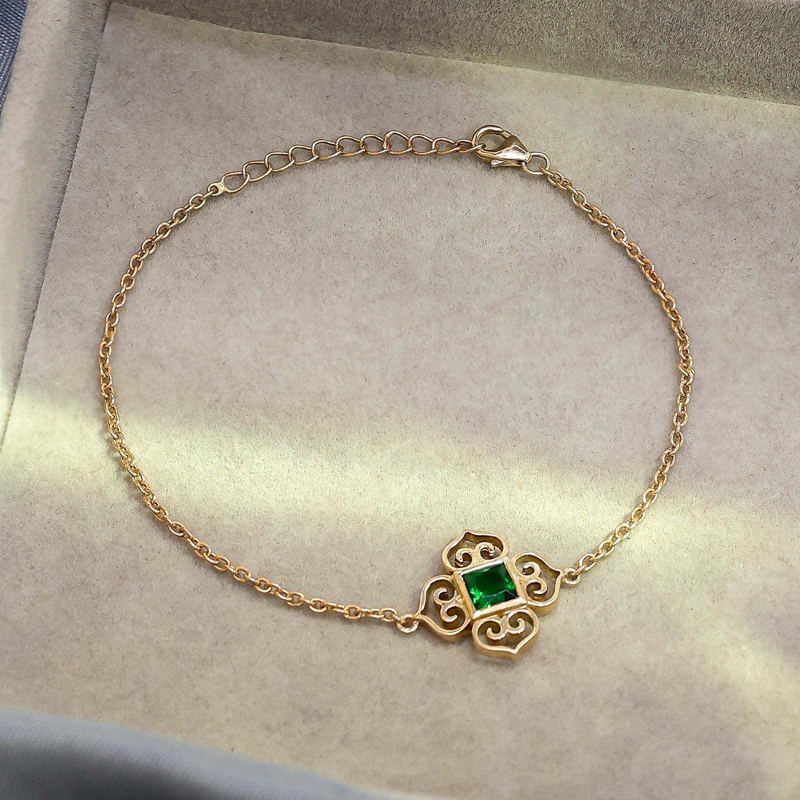 Pure Silver Bracelet - Golden Heartbeat with Emerald Charm - Tweov Jewels