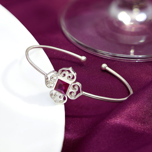 Floral Design with Ruby Stone Pure Sterling Silver Bracelet - Tweov Jewels