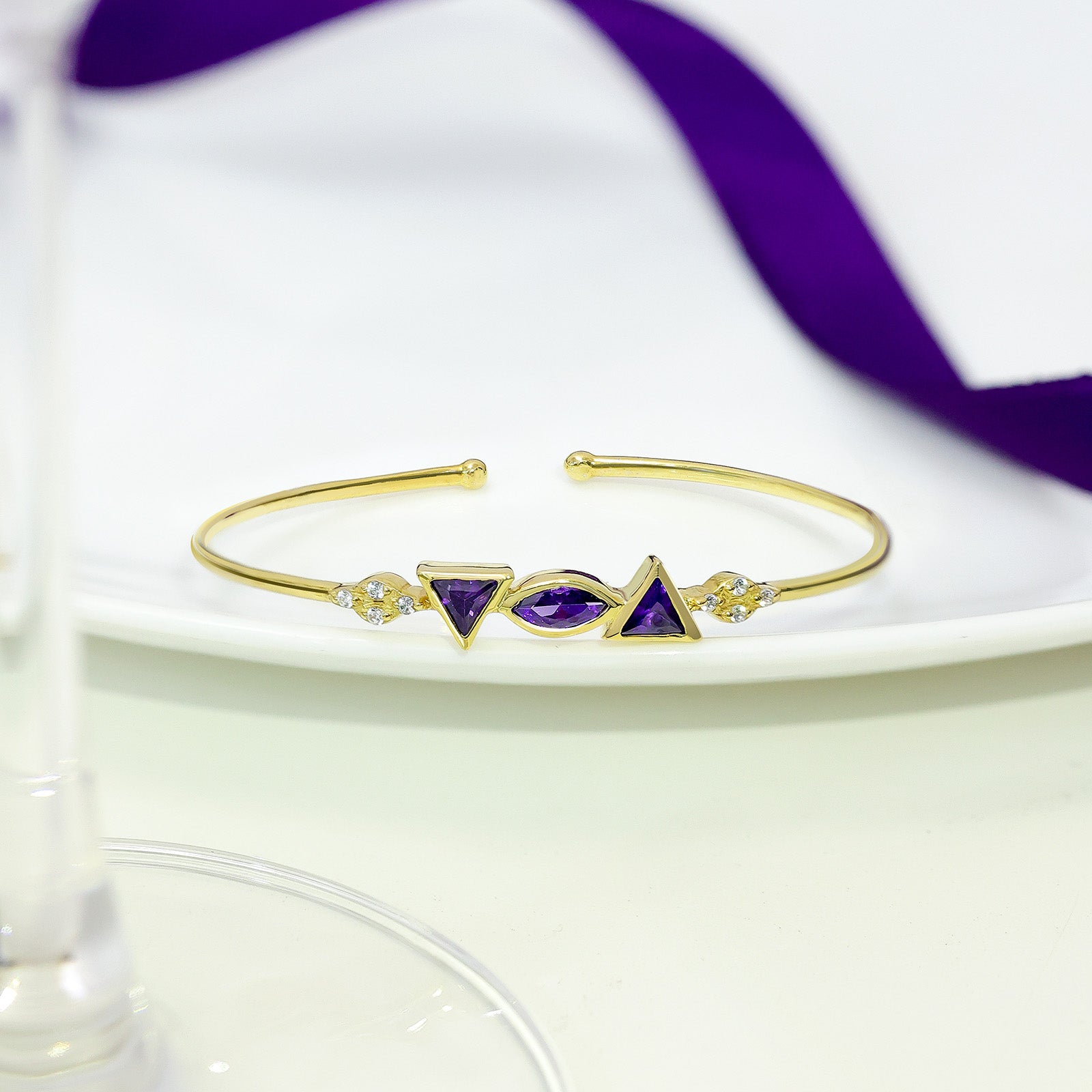925 Sterling Silver Bracelet for Women with Triangular Amethyst Stone - Tweov Jewels
