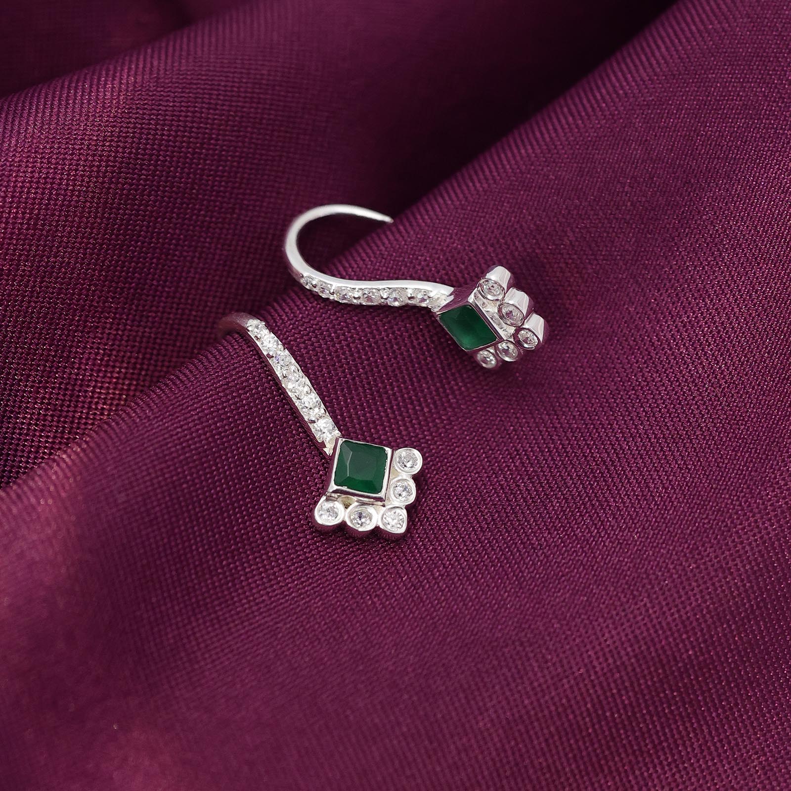 925 Sterling Silver Green Stone Studded Dangle Earrings - Tweov Jewels