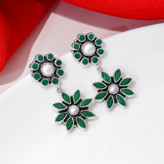Pure Silver Earrings - Floral Dangle with Pearl and Emerald - Tweov Jewels