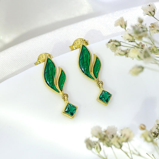 Pure Silver Earrings - Golden Leaf with Emerald Drops - Tweov Jewels