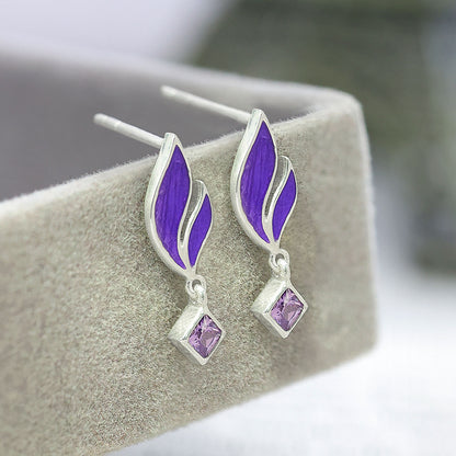 Pure Silver Earrings - Luxe Leaf with Purple Amethyst - Tweov Jewels