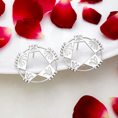 Pure Silver Earrings - Petal Carved Geometric Earrings Silver - Tweov Jewels
