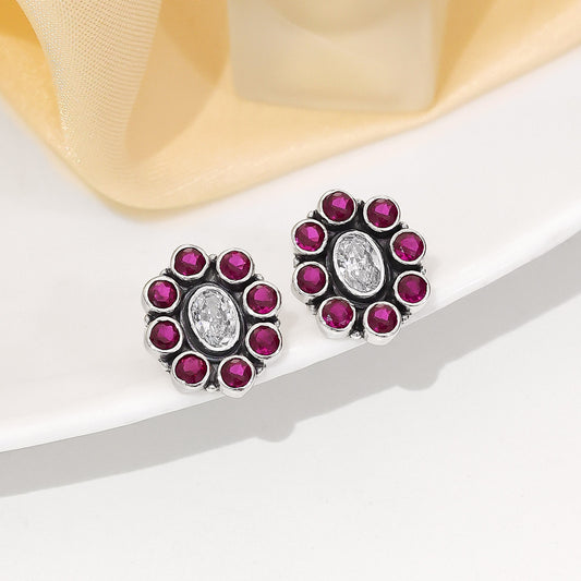 Oxidized Silver Pink Stone Stud Earrings - Tweov Jewels