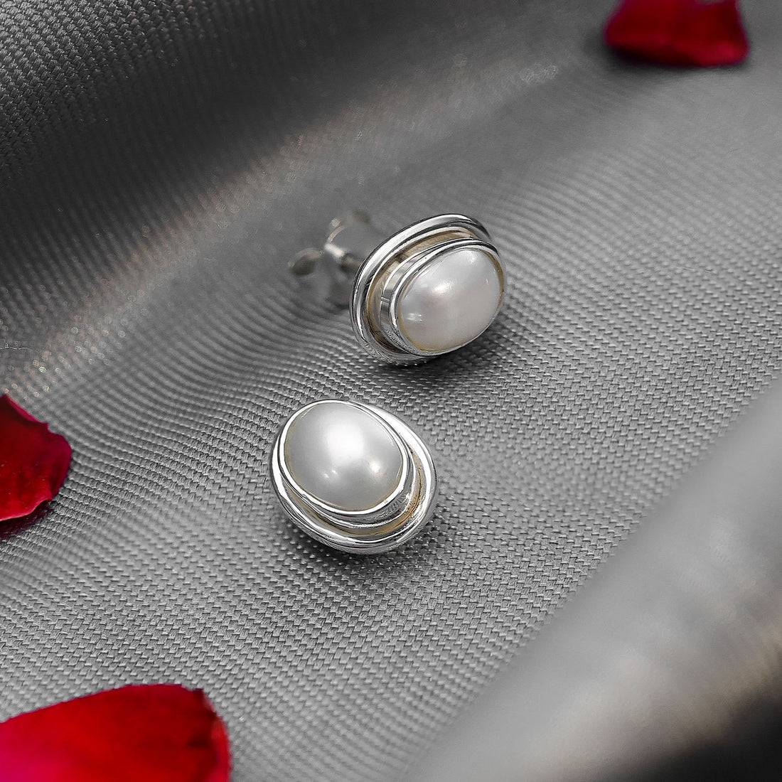 White Oval Silver Pearl Stud Earrings - Tweov Jewels