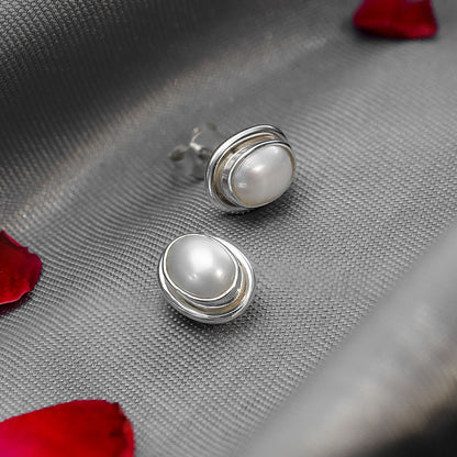 White Oval Silver Pearl Stud Earrings - Tweov Jewels