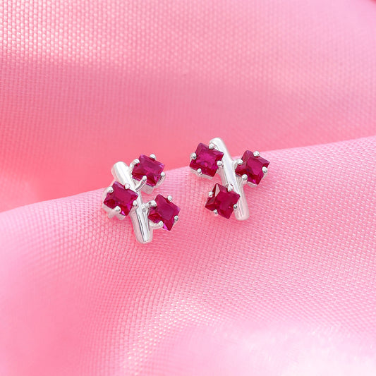 Pure Silver Earrings - Triple Pink Ruby Blossom - Tweov Jewels